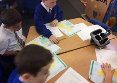 children writing on map